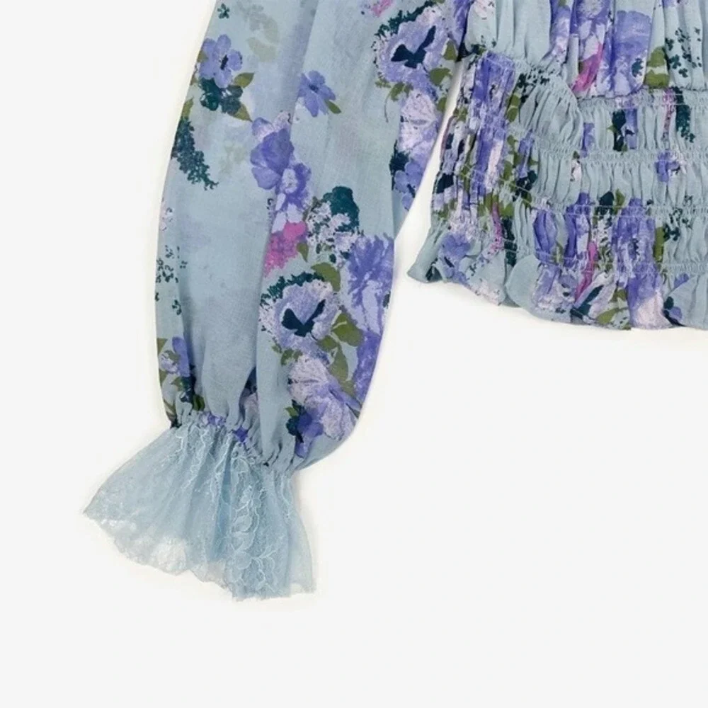 Free People Daphne Blouse Size S Blue Floral Lace Boho Cottage Girlcore Romantic